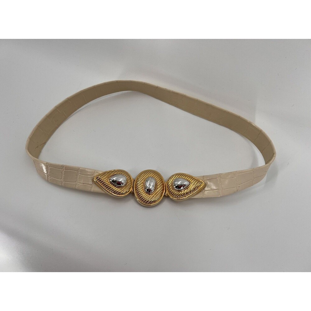 Vintage Dotty Smith GOLD SILVER BUCKLE W IVORY ALLIGATOR THEME ADJUSTABLE BELT